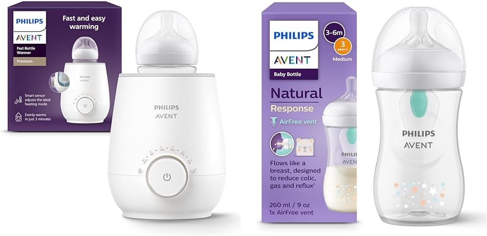 Set of AVENT Quick Premium Bottle Warmer Model SCF358/00 + Philips AVENT Baby Bottles Natural Response - Baby Bottles with AirFree Valve 260 ml BPA-Free Model SCY673/82