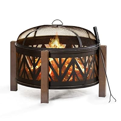 Sunjoy 27 in. Large Fire Pits for Outside Round Wood-Burning Fire Pit, Outdoor Patio Steel Bowl Shape Fire Pit with Mesh Spark Screen and Poker Tool