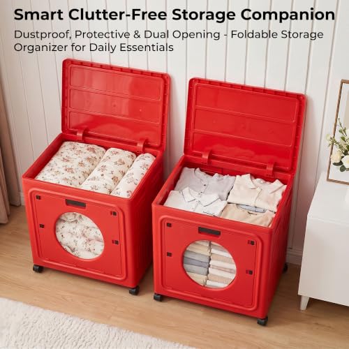 Image of Story@Home Organiser Storage Box with Wheels - 160L | Foldable Storage Box for Clothes Large Quilt Organizer Transparent Window, Front Flap & Top Lid | Seasonal Storage for Blankets & Sweaters - Red