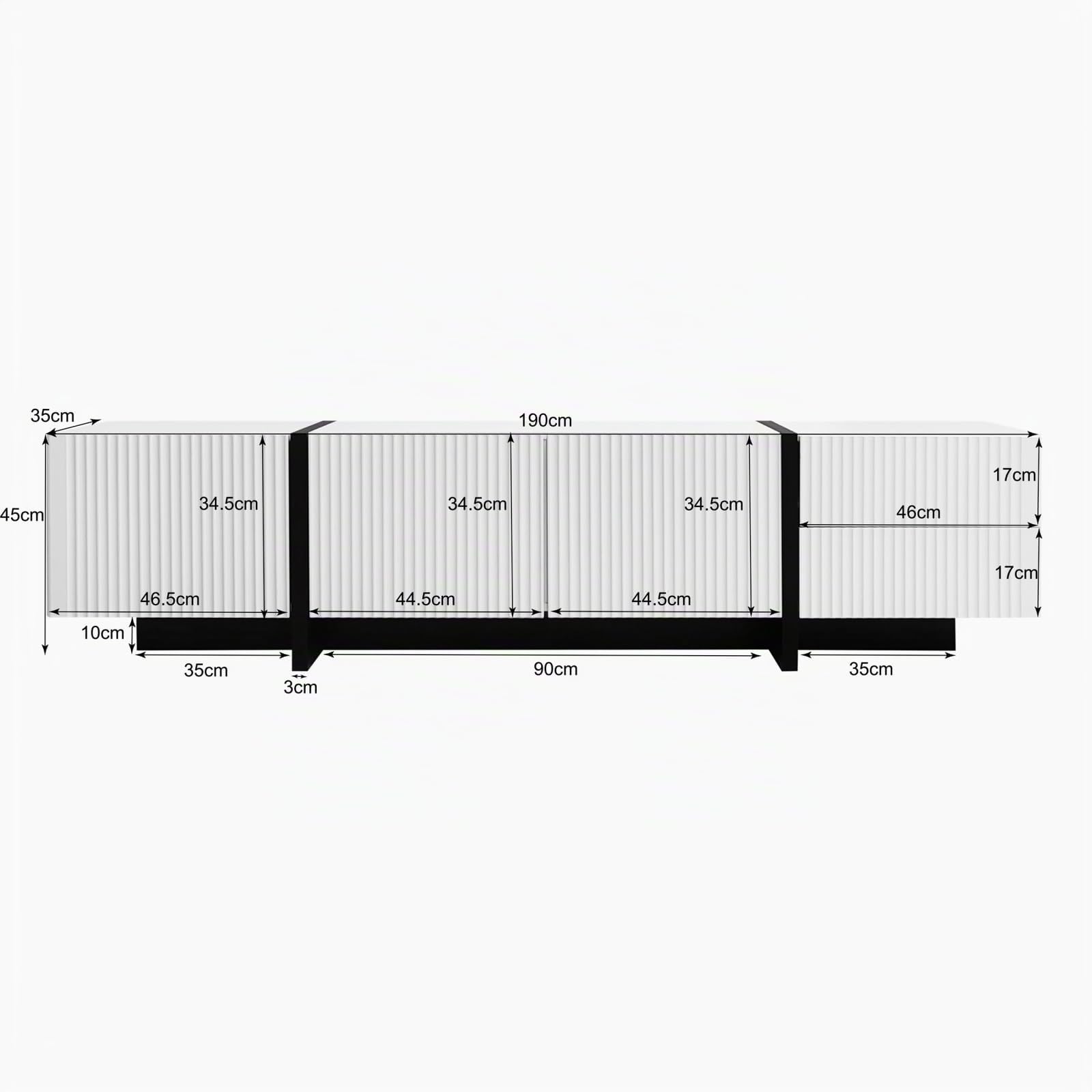 Mobile TV da 190 cm, mobile basso per TV con 3 ante e 2 cassetti, lucido per TV fino a 85 pollici, mobile TV per soggiorno, 190 x 35 x 45 cm, colore: bianco e nero