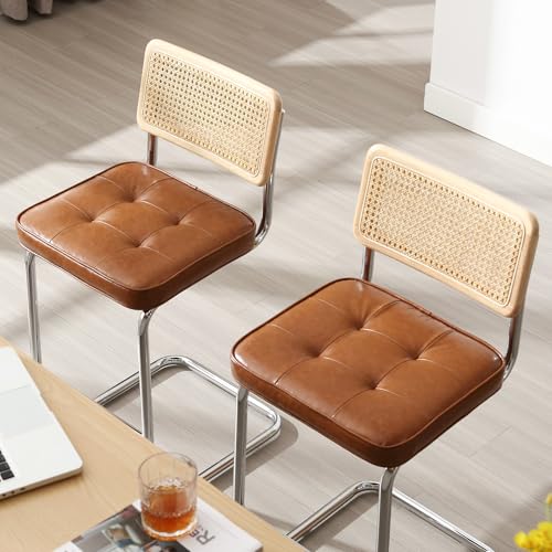 Image of Zesthouse Natural Rattan Bar Stools Set of 2, Modern Counter Height Stools with Solid Wood Back, 26'' Counter Height Chairs, Mid Century Cantilevered Bar Chairs for Kitchen Island, Faux Leather Brown