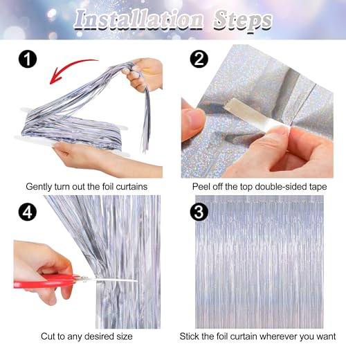Image of ZATAYE 2 Pack Glitter Silver New Years Eve Foil Curtain Decorations | Glitter Silver, Metallic Foil, 3.28 x 7.05 FT, Tinsel Backdrop, Foil Curtain Streamer, New Years Eve Party