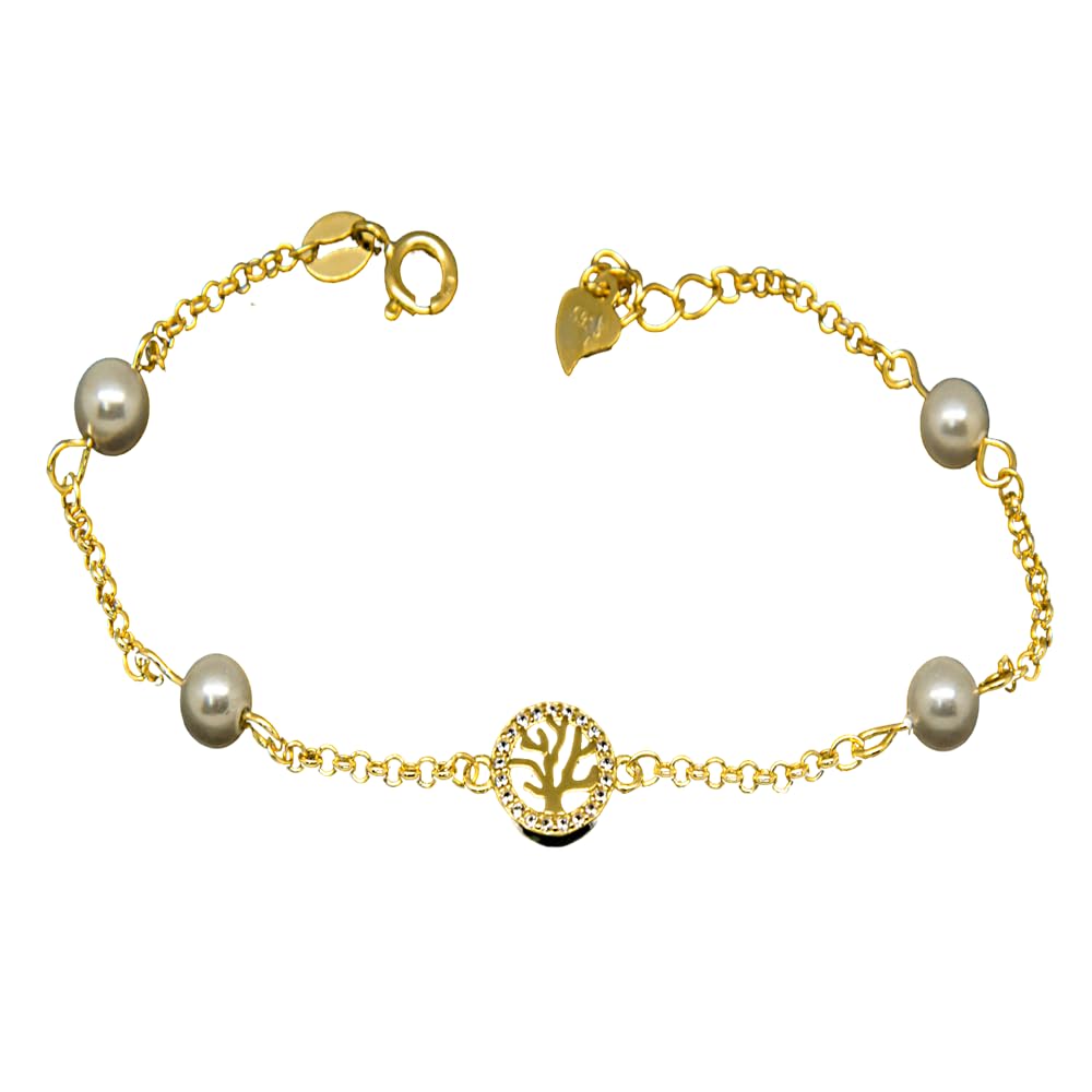 Bracciale per bambini, albero della vita, in argento Sterling placcato oro, con perle coltivate e zirconi, 16 cm + 2 cm, regolabile, prima comunione
