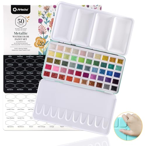 Artecho Metallic Watercolor Paints 50 Glitter Watercolor Paint Set Water Colors Paint Adult Set with Bottom Ring for Easy Holding Ideal for Amateur Hobbyists Painting Lovers and Artists