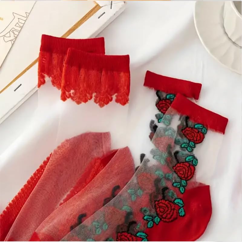 3 Pairs Red Rose Pattern Mid-Calf Socks For Women, Elegant, Comfortable And Romantic Lace Trim Design With Floral Embroidery, Romantic Accessories4
