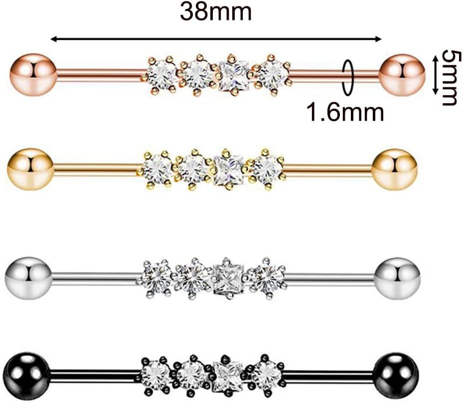 14G Clear CZ Stainless Steel Industrial Barbell Earrings for Women Men 38mm Long Industrial Bar Cartilage Conch Helix Barbell Earrings Body Piercing Jewelry