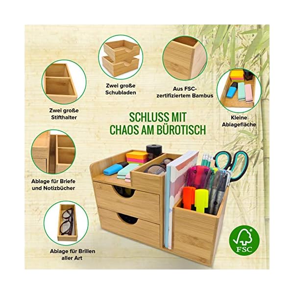 DGREGIO Schreibtisch Organizer Bambus, Nachhaltiger Büroorganizer mit Stiftehalter, Stifteköcher und Schubladen für Büroutensilien HxBxT: 16,5x27x16 cm – Bild 6