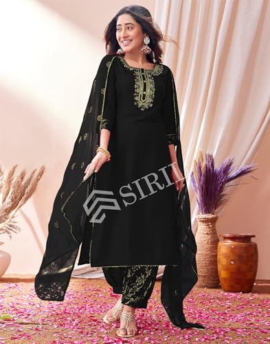 Image of SIRIL Women's Cotton Blend Embroidery Kurta Pant with Dupatta Set