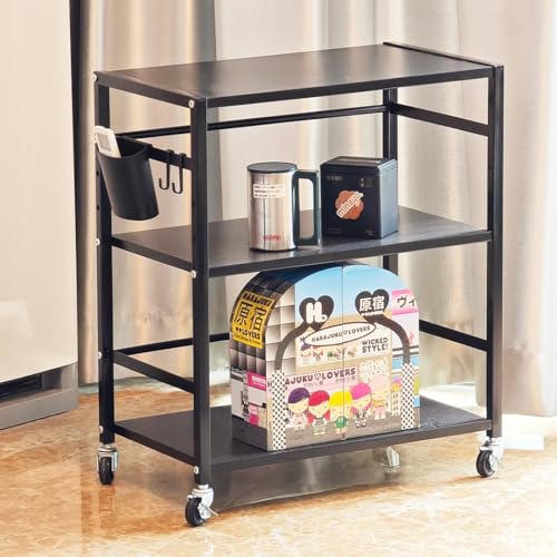 Secchuu スチールラック3段 デスクターナ デスク下収納 本体4.5kg 耐荷重40kg 幅50x奥行30x高さ64cm キャスター付き 棚 PS5横置きラック スタンド 収納ワゴン プリンター台 サイド収納 ストッパー付きキャスター 棚板１枚耐荷重10-15KG 中段棚板高さ4段階調節可能 (ブラック3段)