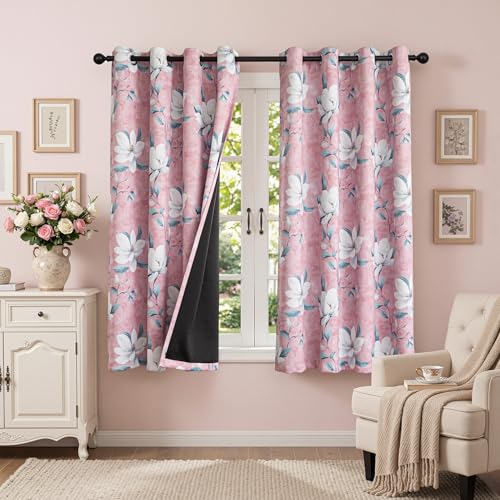 Image of MYSKY HOME Floral Pink Blackout Curtains 84 Inches Long 2 Panels Set for Girls Room Thermal Insulated Energy Efficient Drapes White Flower Patterned Grommet Window Drapes, 52 inch Wide, Khaki