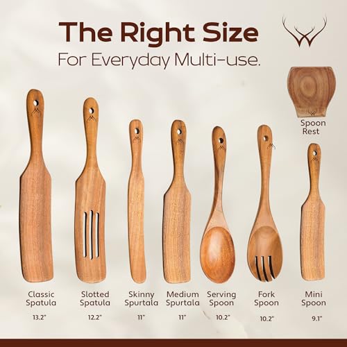 Image of 7Pcs Wooden Spurtle Set - Teak Kitchen Utensils for Mixing, Stirring, Sourdough & Scraping - Nonstick Safe Spatula Set with Long Handle for Cast Iron, Oatmeal & Baking - Wooden Spoons for cooking