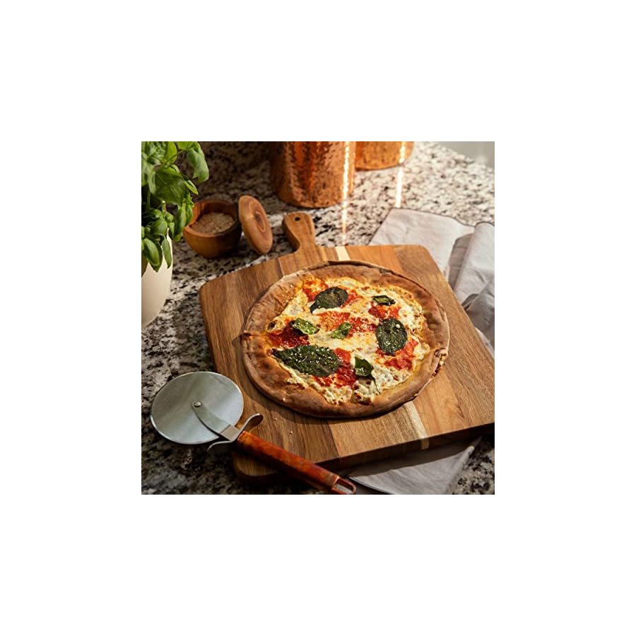 Acacia Wood Cutting Board and Chopping Board with Handle for Meat, Cheese Board, Vegetables, Bread, and Charcuterie - Decorative Wooden Serving Board for Kitchen and Dining Room, Large 17” x 13”