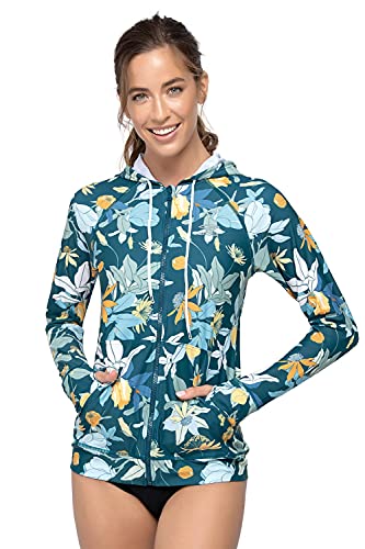 AXESEA Women's Hoodie Rash Guard UV Sun Protection Long Sleeve Hooded Swim Shirts Full Zip Front Swimsuit Tops