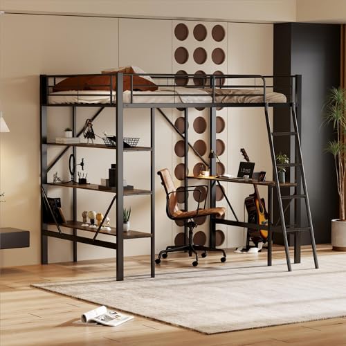 Aunvla 90 x 200 cm, struttura letto in metallo, letto a soppalco con scrivania e tre ripiani grandi per bambini, ragazzi e adulti, 90 x 200 cm, nero