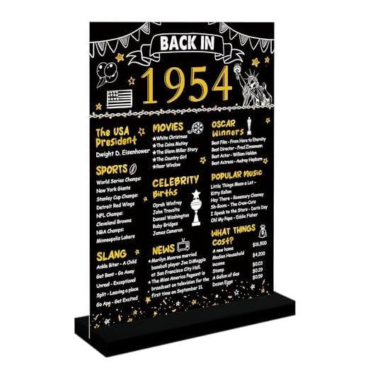 DARUNAXY Black Gold 70th Birthday Gift for Men, Back in 1954 Poster Acrylic Sign with Stand for Women One-sided 70 Years Old Party Decoration Vintage 1954 Party Supply 70th Class Reunion Decor