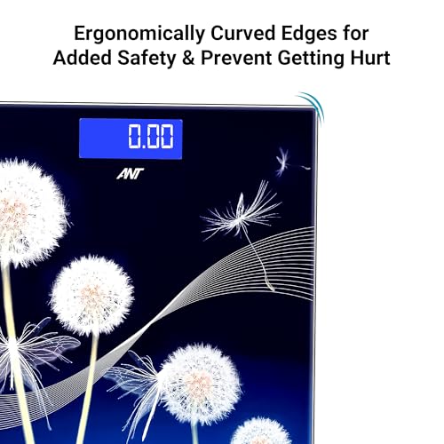 Image of ANT Flora Dandelion Digital Bathroom Weighing Scale, 180 kg Capacity, High Precision Sensors, Wide LCD Display, 5 mm Tempered Glass Body Weight Machine for Home & Gym with 30 Months Warranty (Black)