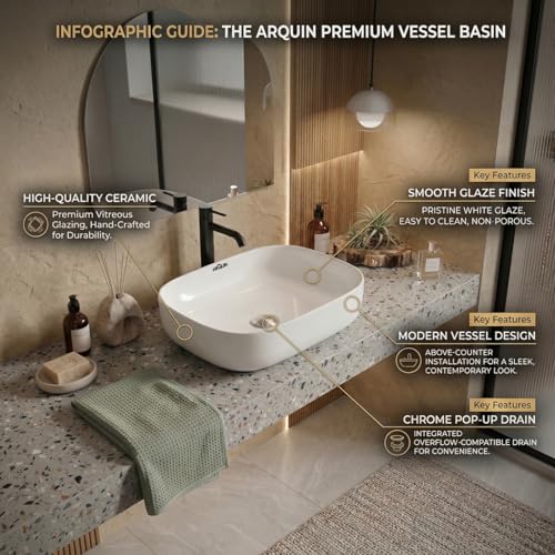 Image of ARQUIN ARQUIN Wash Basin for Bathroom Table Top Washbasin, Countertop Basin | Ceramic Washbasin Bathroom,Hotel | Living Room | Office Vanity Wash Basin (19.29x 15.35x5.12 Inch)