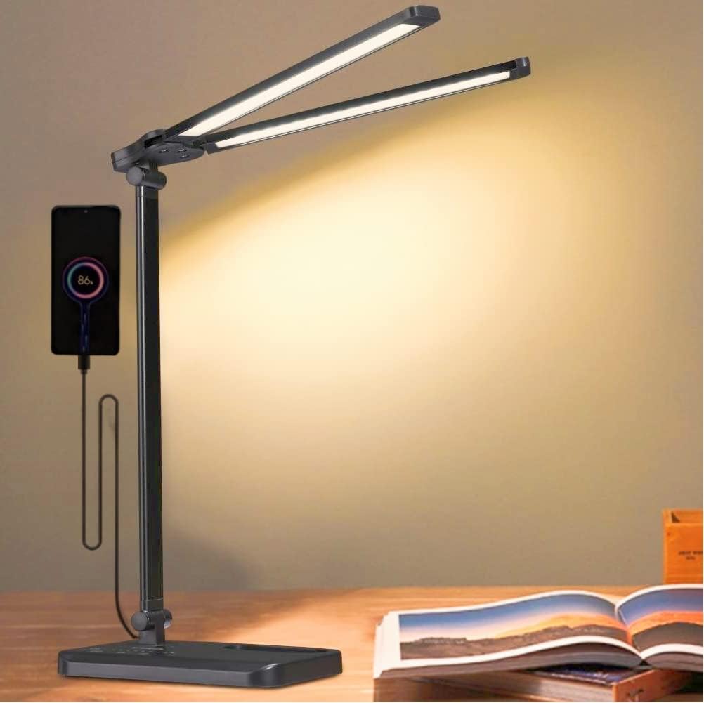 GERINTECH Dual Shade LED Desk Lamp with USB Charging Port & Pen Holder, Bright Table Lamp with
