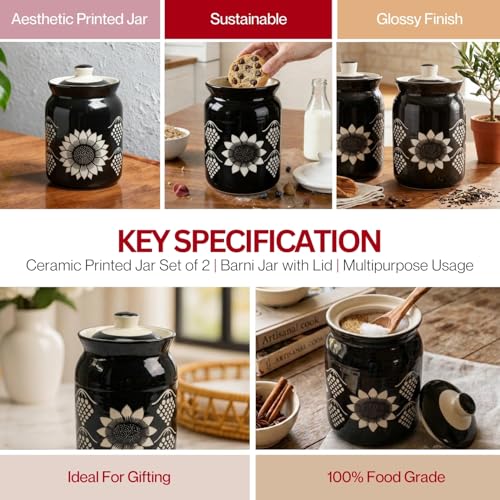 Image of Black Grapes Printed Ceramic Handglazed Pickle Jars Set of 2-1000 ML Each | 1 kg Achaar Martban Barni Jar with Lid | Ceramic Storage Jar Container Pickle, Chatney