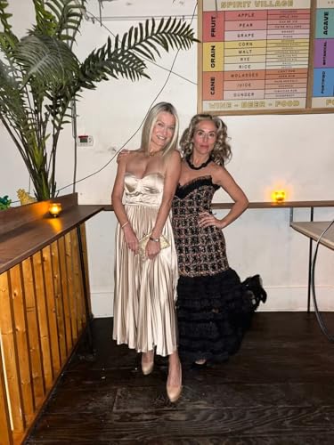 Basgute Satin Strapless Bridesmaid Dresses for Women with Scarf Tea Length A Line Pleated Wedding Guest Dress3