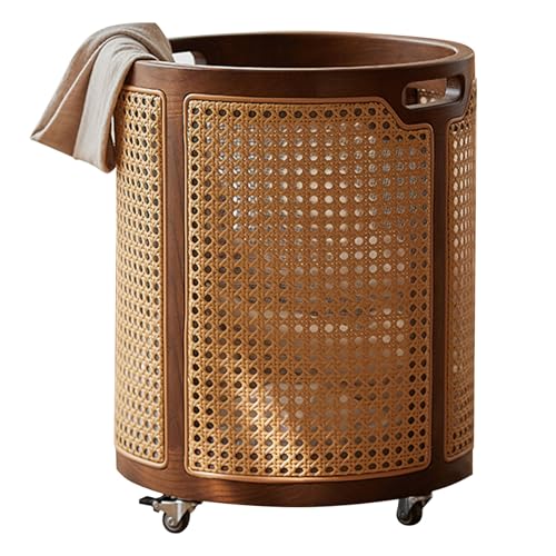 Wäschekorb mit Holzdeckel, Rattankorb auf Rädern und Griffen,...