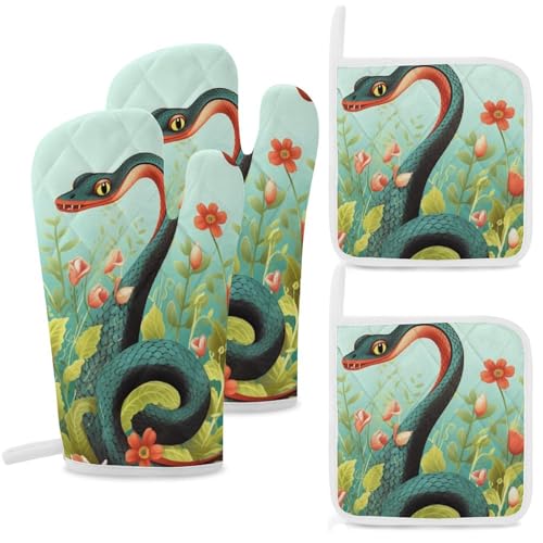 Gants de cuisine antidérapants et maniques serpent fleur lot 4