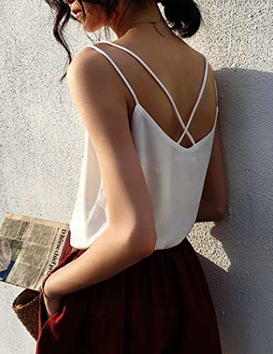 Image of Ekouaer Womens 2-Pack Silk Satin Camisole Tank Top V Neck Sexy Cross Back Spaghetti Strap Cami Sleeveless Lounge Tops S-XXL