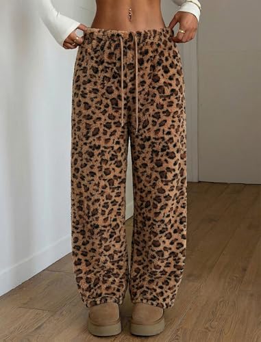Image of ZAFUL Women's Fuzzy Plush Pajama Pants Wide Leg Pj Bottoms Lounge Pants | Soft Fluffy Sleep Pants Drawstring Elastic Waist Teddy Pjs for Women No Pockets