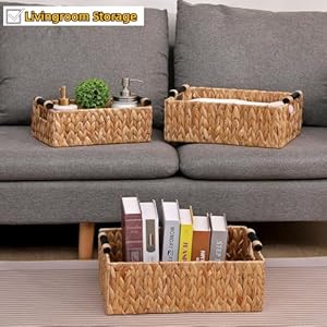 Wicker Storage Basket Shelf Bakets Hand-Woven Water Hyacinth Woven Storage Basket with Wooden Handles,Nested Organizer Container with Built-In Carry Handles,3 Pack Wicker Storage Basket Shelf Bakets Hand Woven Water Hyacinth Woven Storage Basket with Wooden HandlesNested Organizer Container with Built In Carry Handles3 Pack