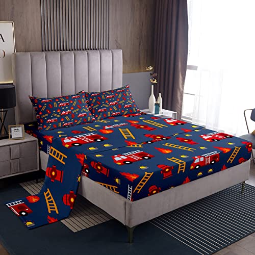 Erosebridal Kids Fire Truck Twin Sheet Set Red Firefighter Car Sheets, Cartoon Car Bed Set Firemen Vehicle Bed Sheets Set, Navy Red Orange Yellow Fitted Sheet Breathable