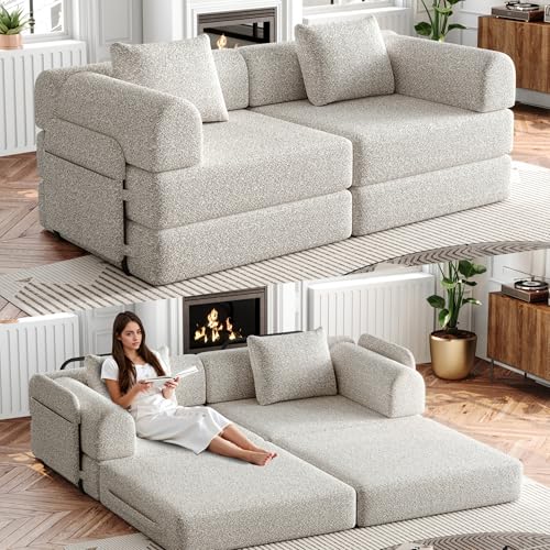 Yihomfy - Sofá convertible de 2 plazas, sofá cama de chenilla con cojines, bricolaje libre y bolsillos laterales – Sofá convertible multifuncional de 2 plazas convertible, color caqui