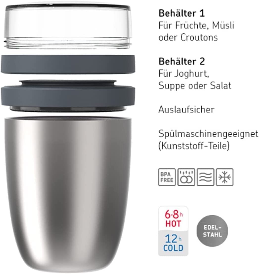 Mepal Lunchpot Ellipse Set mit faltbaren Löffel – Cool Grey – 500 ml praktischer Thermo-Essensbehälter, Joghurtbecher, to go Becher – Hält Speisen Lange warm oder kühl, polypropyleen, 500 + 200 ml