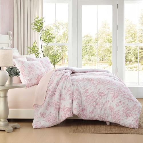 Image of Laura Ashley - Comforter Set, Soft Poly Waffle Textured Bedding with Matching Shams, Delicate Floral Design (Delphine Pastel Pink, Full /Queen)