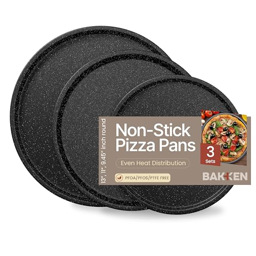 Gray Marble Non Stick Pizza Pans Set of 3 – Carbon Steel Pizza Baking Trays (9.45', 11.02', 12.99') for Oven Use, Durable, PFOA, PFOS, PTFE Free, Dishwasher Safe, Stain-resistant, Easy Cleanup