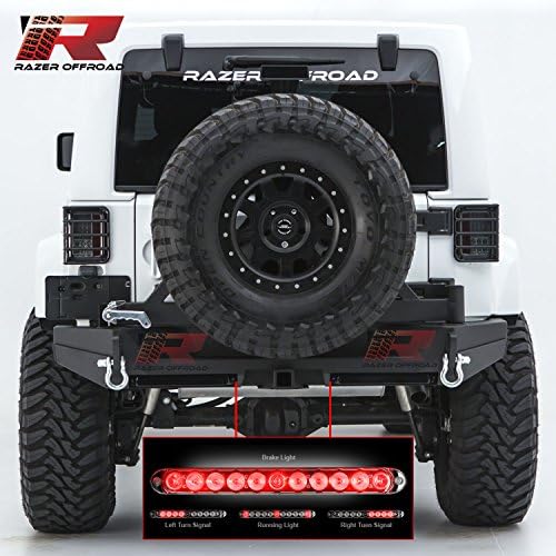Razer Auto Rock Crawler Rear Bumper with Tire Carrier & 2x Smoke Lens 3rd Brake LED Light bar, 2" Hitch Receiver, 2x D-Ring for 07-17 Jeep Wrangler JK RZKYRB-3718