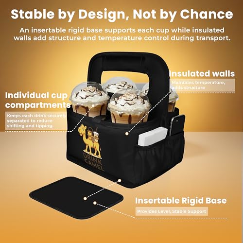 Reusable Drink Carrier with Handle – Durable No-Spill Insulated & Collapsible Beverage Bag with Pockets, Portable Caddy for On-the-Go Delivery, Travel & Car Use (4 Cup Carrier, Black) - view 1