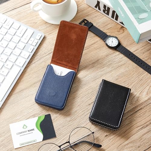 Image of Outus 2 Pieces Business Card Holder, PU Leather Business Card Case Pocket Wallet with Magnetic Shut for Christmas Gift Men Women(Black, Blue,Classic)