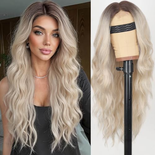 Image of AISI HAIR Ombre Platinum Blonde wig Wig for Women, Long Wavy Lace Hairline Middle Part Synthetic Heat Resistant Wig for Daily Party-26 Inch