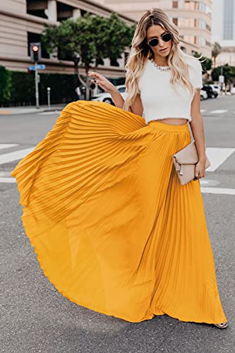 Ebossy Women's High Waist Flowy Pleated Chiffon Maxi Skirt (Medium, Yellow) #TOP3