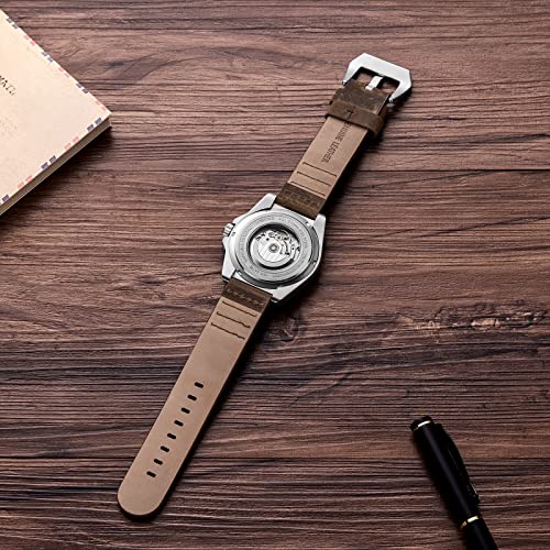 TIME100 Mechanical Automatic Skeleton Watch for Men Crazy Horse Leather Strap Sapphire Mirror Stainless Steel Dial Luminous Waterproof (Steel) — view 6