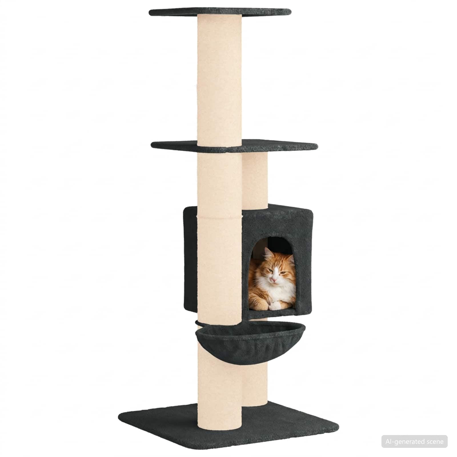 Árbol para gatos con pilares rascadores de sisal y cueva, color gris oscuro, 137 cm | Árbol de escalada de varios niveles con una acogedora cueva para gatos para el salón. Madera duradera y felpa suave.