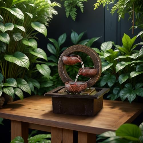 Zen'Light Zimmerbrunnen Zen Terai, originelle Innendekoration, natürlicher Wasserfluss, mehrfarbige LED-Beleuchtung, leise, L 17 x B 21 x H 25 cm, Braun