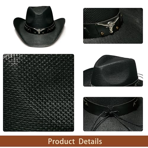 Image of YOUBADU Western Straw Cowboy and Cowgirl Hats with Decorative Bands - Unisex Wide Brim Raffia Style Sun Hat