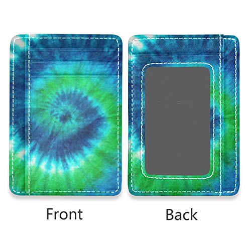 Green Blue White Spiral Tie Dye Abstract Hippie Pattern Slim Minimalist Wallet, Front Pocket RFID Leather Blocking Card Holder Case for Men Women Girls Ladies, Stylish Printing Gift2