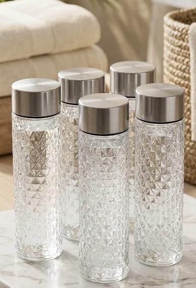 Image of Diamond Cut Glass Water Bottles with Stainless Steel Lid, Clear, Set of 6, 750ml, BPA-Free, for Kids' School, Lab Weighing, Gym, Home, Office
