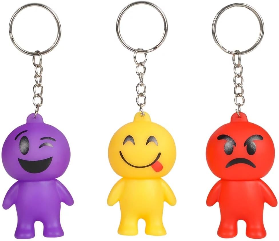 Zugar Land 2.5" Emoticon Guy Keychain (12 Pack) Rubber Birthday Party Favor Carnival Prizes Key Chains with Metal Ring For Kids and Adults