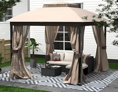 Outdoor Patio Gazebo 10x10, Heavy Duty Gazebos, Soft Top Gazebo with Square Metal Frame, Double Roof Canopy, Mosquito Nets & Privacy Enclosures, Permanent Pavilion for Decks & Backyards