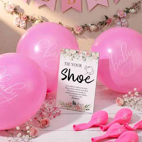 Image of Roowest 51 Pcs Tie Your Shoe Baby Shower Game Sign Wooden Sign Greenery Gift Sets Gender Reveal Party Favors 50 Balloons Latex Balloons for Game Wedding Supplies(Pink,Flowers)