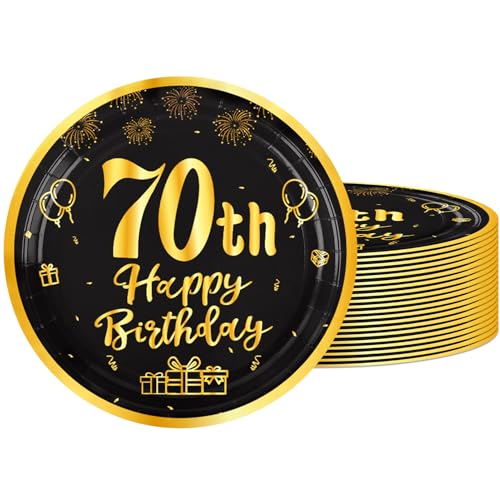 Cekivina 20Pcs 70th Birthday Plates 9 Inch Disposable Paper Plates Black Gold Happy 70th Year Old Party Supplies Vintage 1966 Themed Dessert Plate for 70th Birthday Party Decorations for Men Women