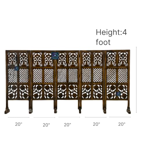 Image of Wooden Room Partition Screen with Burnt Wood Finish | Hand Buffed Traditional Handicraft Room Divider | Indoor Room Separator | Puja Room Divider (5 Panel 4 Feet with Stands)